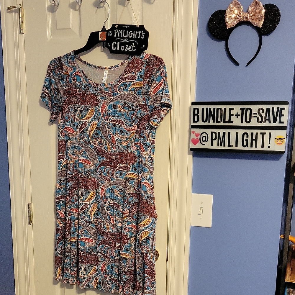 Korsis Paisley Print Dress Large Teal Blue Burgundy White